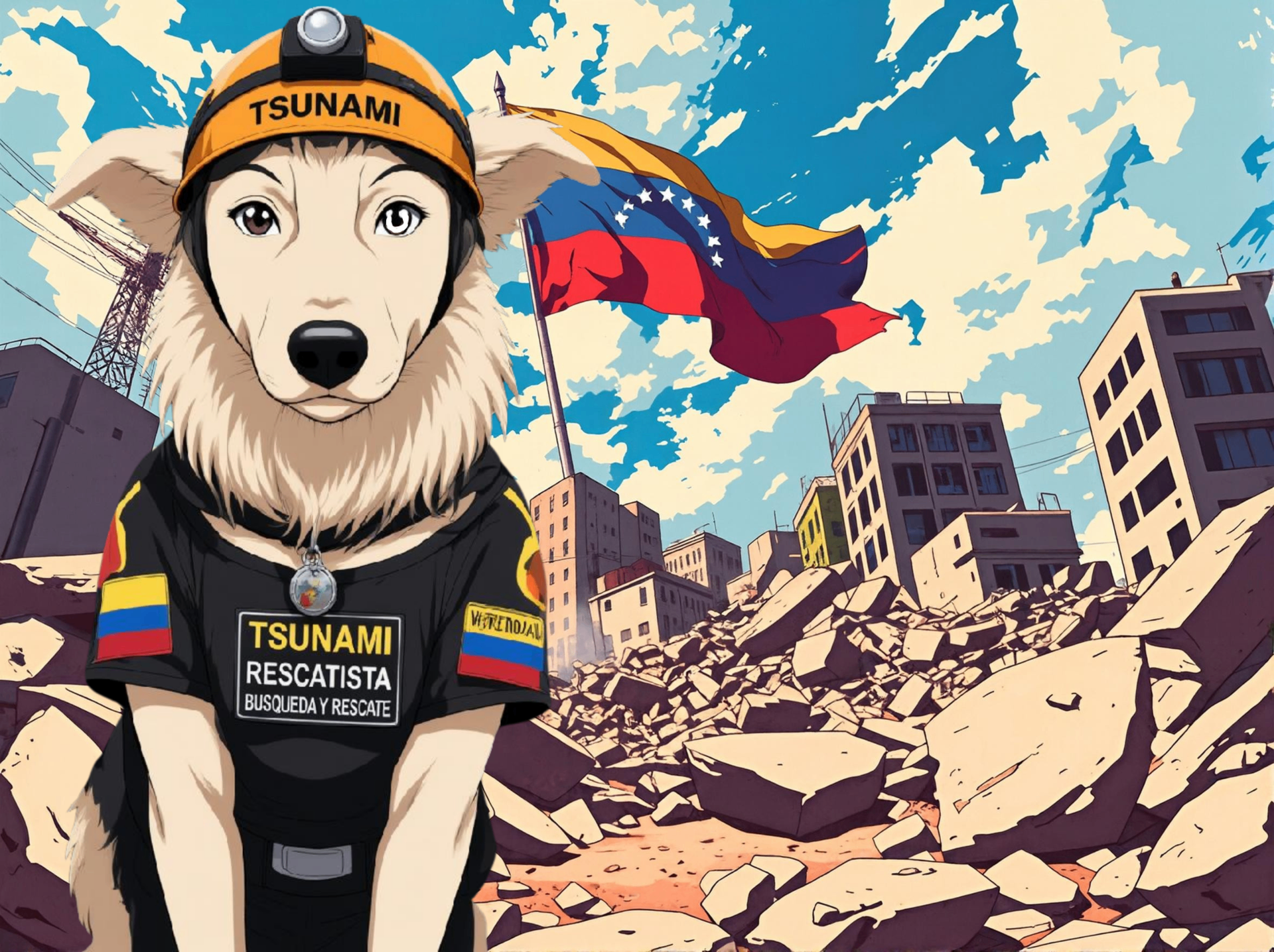 Tsunami the rescue Border Collie wearing a helmet and Rescatista vest, with the Venezuelan flag over a city in ruins